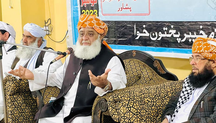 Chief of Jamiat Ulema-e-Islam-Fazl (JUIF) Maulana Fazlur Rahman can be gesturing in this image on November 19, 2023. — Facebook/Maulana Fazl ur Rehman