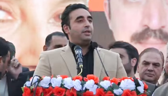 PPP Chairman Bilawal Bhutto-Zardari addresses a rally in Nowshera, on November 20, 2023, in this still taken from a video. — YouTube/GeoNews