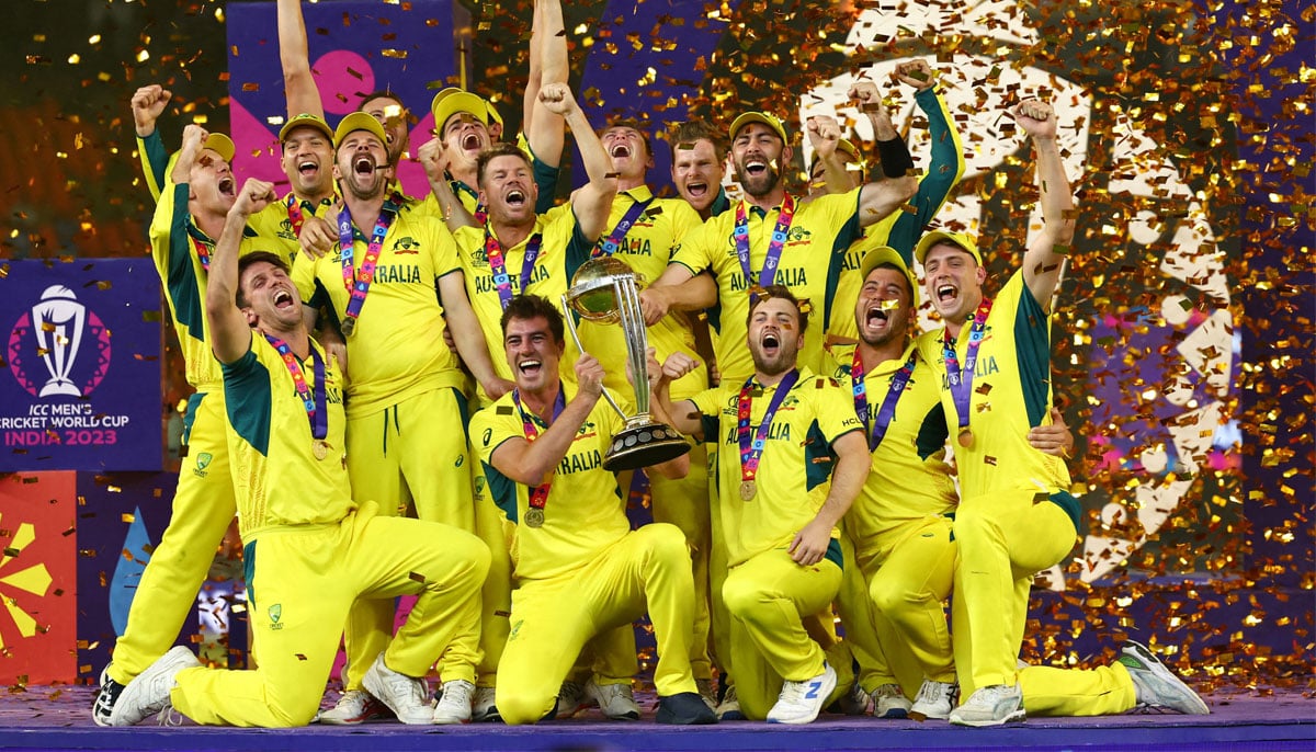 ICC Cricket World Cup 2023 - Final - India v Australia - Narendra Modi Stadium, Ahmedabad, India - November 19, 2023 Australia players celebrate with the trophy after winning the ICC Cricket World Cup —Reuters