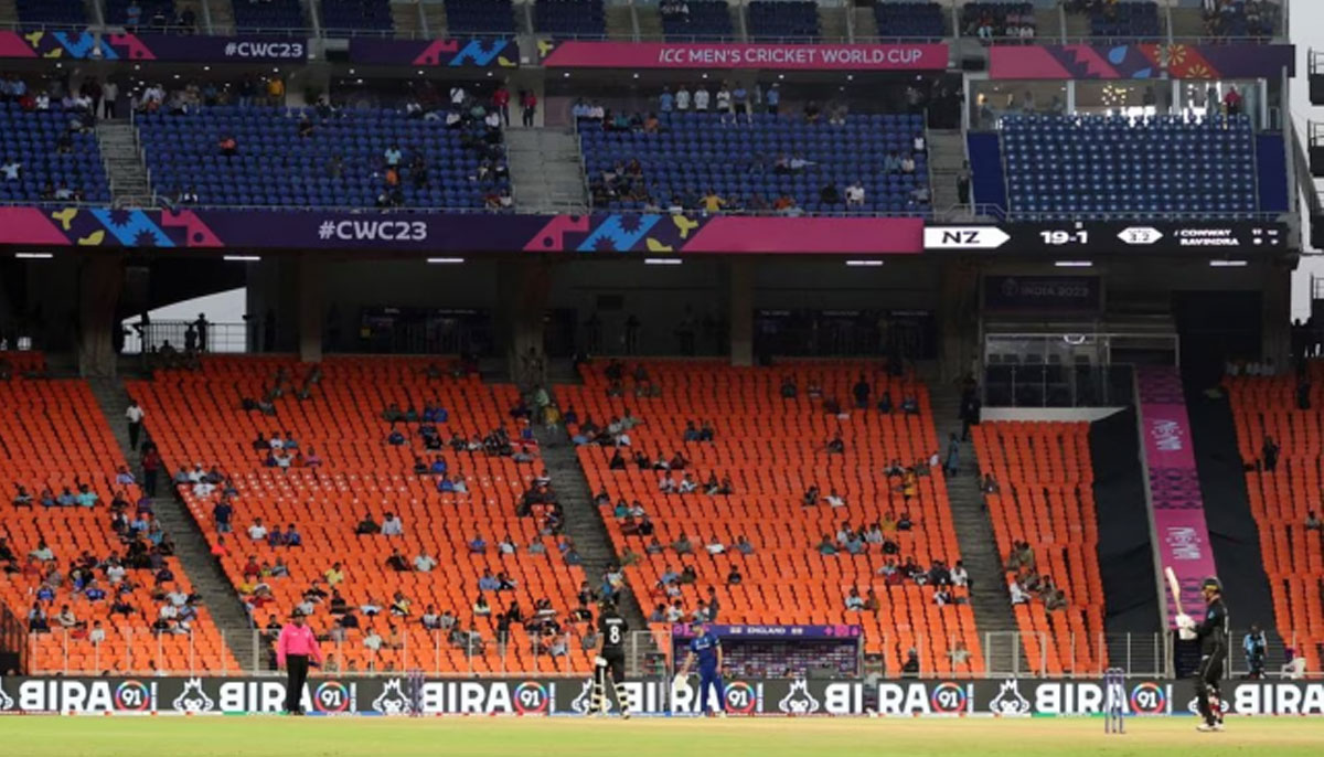 Empty stands during the World Cup opener in Ahmedabad.—Reuters