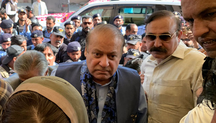 PML-N supremo Nawaz Sharif arrives to appear before the Islamabad High Court on October 26, 2023. — AFP