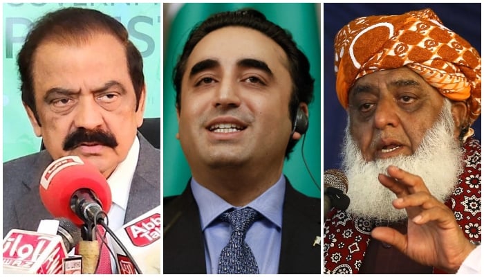 PML-N leader Rana Sanaullah (from left), PPP Chairman Bilawal Bhutto-Zardari and JUI-F chief Maulana Fazlur Rehman. — INP/AFP/File