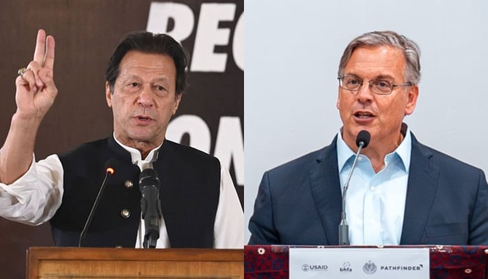 Pakistan Tehreek-e-Insaf Chairman Imran Khan and US Ambassador Donald Blome. — AFP/X/@usembislamabad