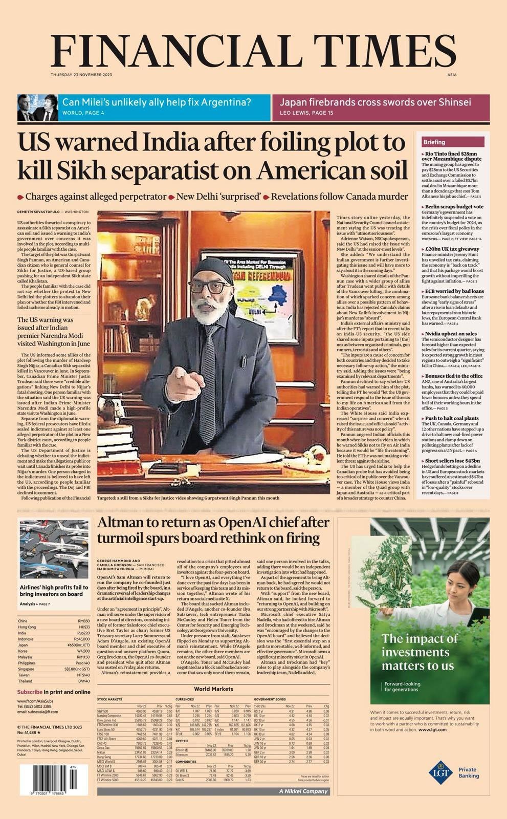 Copy of the front page of the Financial Times carrying the Gurpatwant Singh Pannun report.  — Provided by the author