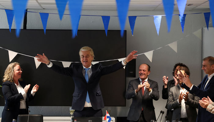 Dutch far-right politician and leader of the PVV party, Geert Wilders gestures as he meets with members of his party at the Dutch Parliament, after the Dutch parliamentary elections, in The Hague, Netherlands November 23, 2023. — Reuters