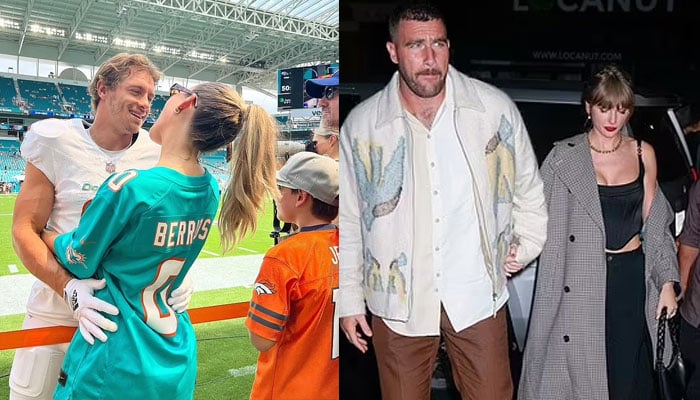 Dolphins receiver Braxton Berrios and TikTok star Alix Earle and  Travis Kelce and Taylor Swift. —GC Images