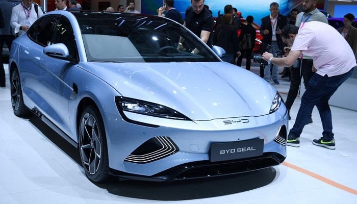 In this file photo taken on Oct 17, 2022, the electric BYD Seal berline of Chinese automaker BYD is presented on the first day of the Paris auto show. — AFP