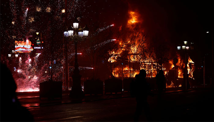 Fire burns after a suspected stabbing left some children injured in Dublin, Ireland on November 23, 2023. — Reuters