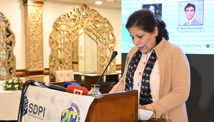 Dr Shamshad Akhtar addressing a SDPI conference in Islamabad. — X/@SDPIPakistan