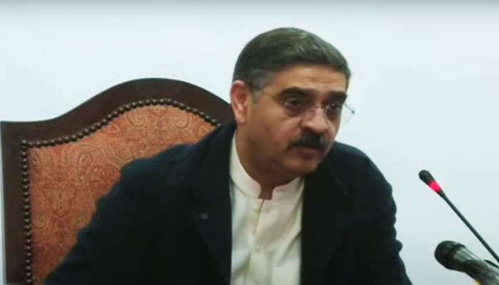 Caretaker Prime Minister Anwaar-ul-Haq Kakar addressing an interactive session titled Breakfast with the Prime Minister in Islamabad in this still taken from a video. — YouTube/Geo News