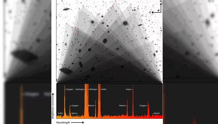 Light from 23 distant galaxies, identified with red rectangles in the Hubble Space Telescope image at the top, was combined to capture incredibly faint emission from eight different elements - hydrogen, helium, nitrogen, oxygen, silicon, sulfur, argon and nickel - which are labelled in the James Webb Space Telescope spectrum at the bottom, in this undated handout illustration.—Reuters