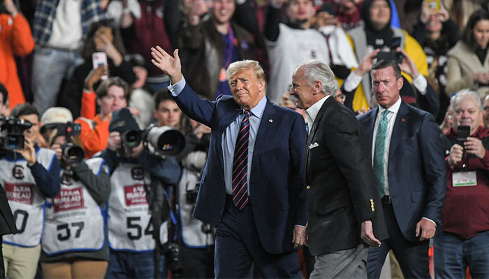 Former President Donald Trump with South Carolina Governor Henry McMaster during a game between the Clemson Tigers and the South Carolina Gamecocks at Williams-Brice Stadium in Columbia, South Carolina, US on November 25, 2023. — Reuters