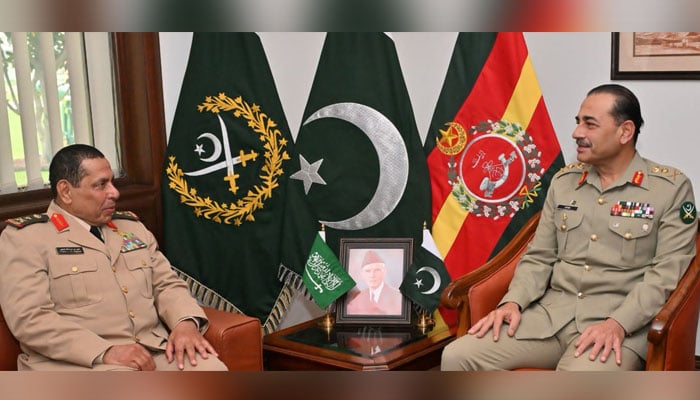 Commander of the Royal Saudi Land Forces Lieutenant General Fahd bin Abdullah Al-Mutair (left) calls on Chief of Army Staff (COAS) General Syed Asim Munir at the General Headquarters in Rawalpindi on November 27, 2023. — ISPR