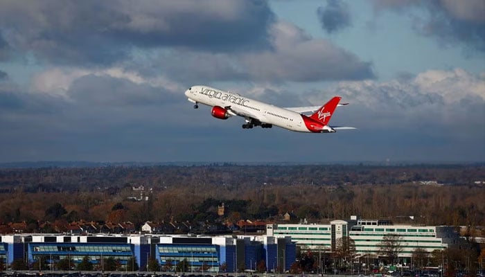 The first 100% Sustainable Aviation Fuel transatlantic flight to John F. Kennedy International Airport in New York takes off from Heathrow Airport, in London, Britain, November 28, 2023.—Reuters