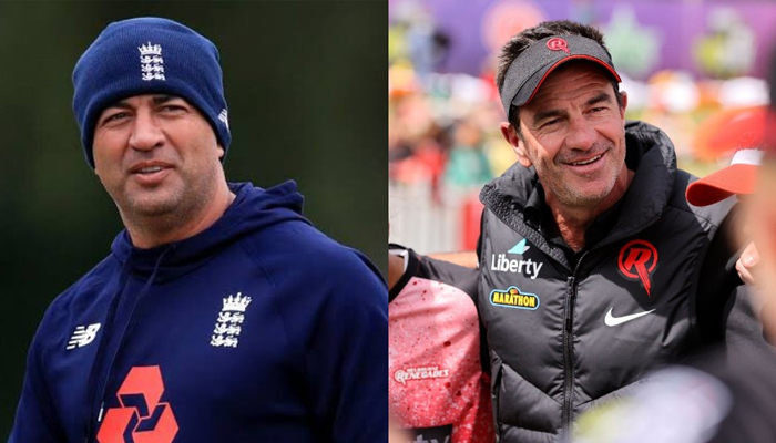 Former England all-rounder Adam Hollioake and Australias Simon Grant Helmot. — AFP