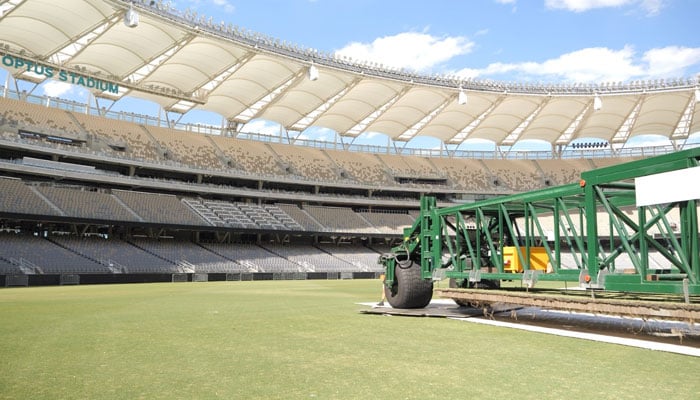 A view of drop-in pitches being installed at the Perth Stadium. — Cricket Australia