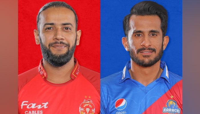 Imad Wasim and Hasan Ali in the jerseys of their new teams. — X/@IsbUnited