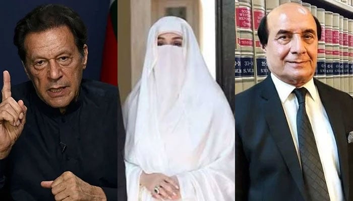 (From left to right) PTI Chairman Imran Khan, his wife Bushra Bibi and renowned lawyer — AFP/APP X/@LatifKhosa/Files