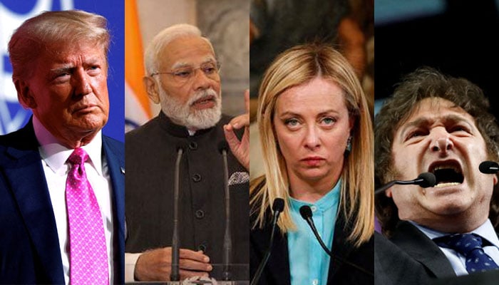 From left to right: Donald Trump,Narendra Modi, Georgia Meloni, and Javiar Milei.—Reuters