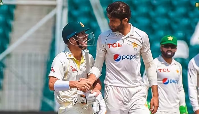 Australia's David Warner and Pakistan's Shaheen Shah Afridi shake hands after the former was dismissed in a Test match.  — PCB