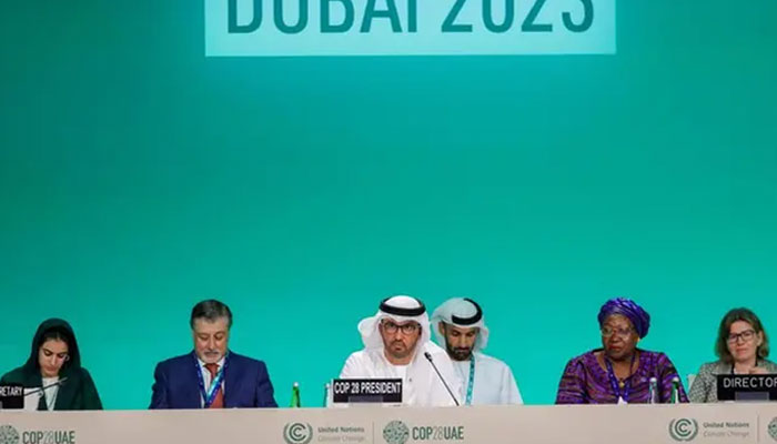 COP28 president Sultan Ahmed Al Jaber (C) presides the opening ceremony of the COP28 United Nations climate summit in Dubai on November 30, 2023. The UN climate conference opened in Dubai on November 30 with nations under pressure to increase the urgency of action on global warming and wean off fossil fuels, amid intense scrutiny of oil-rich hosts UAE. —AFP