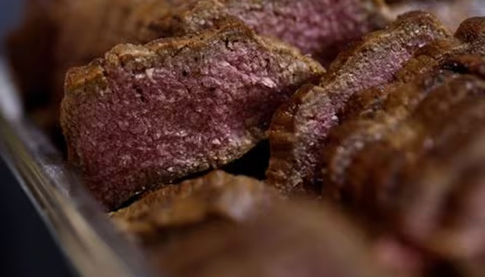 Pieces of 3D printed plant-based vegan meat, produced by Israeli start-up Redefine Meat, are displayed at SIAL food and innovation exhibition in Villepinte, near Paris, France October 19, 2022. — Reuters