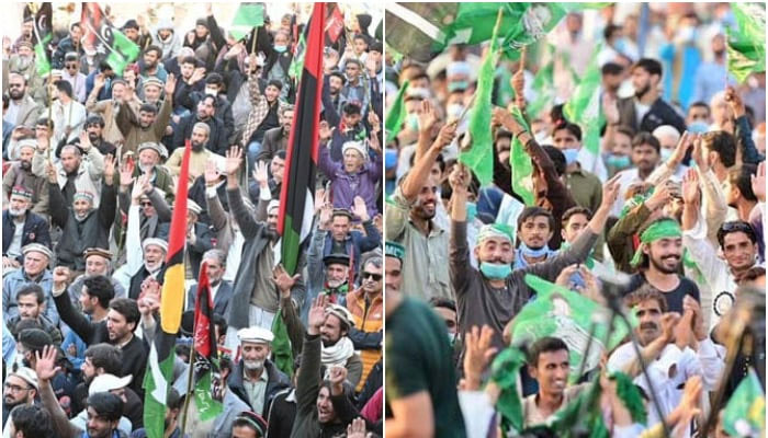 Workers of PPP (left) and PML-N attend their parties’ rallies. — X/@pmln_org/@MediaCellPPP/File