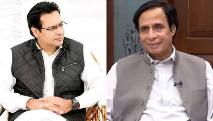 An undated image of former federal minister Moonis Elahi (L) and PTI President Parvez Elahi. — Online/Facebook/MoonisElahi/File