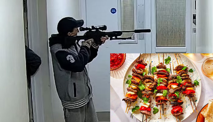 Image taken from CCTV inside one of the blocks corridors shows Turner holding the huge three-foot gun, fitted with a telescopic sight and a suppressor at the end of the barrel. A plate of kebab — Bedfordshire Police