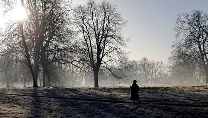 A pedestrian walks in a frost-covered Hyde Park in London during a cold spell in January 2022. — AFP