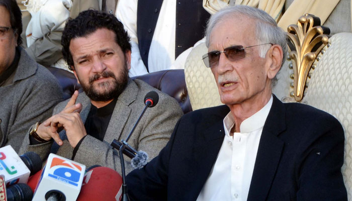 PTI Parliamentarian chief Pervez Khattak addresses journalists during a presser in Peshawar on Saturday, December 2, 2023. — PPI