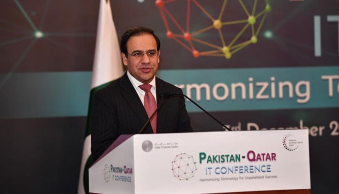 Caretaker Minister for IT and Telecommunication Dr Umar Saif speaking at Pak-Qatar It Conference in Doha, Qatar on December 3, 2023. — X/MoitOfficial