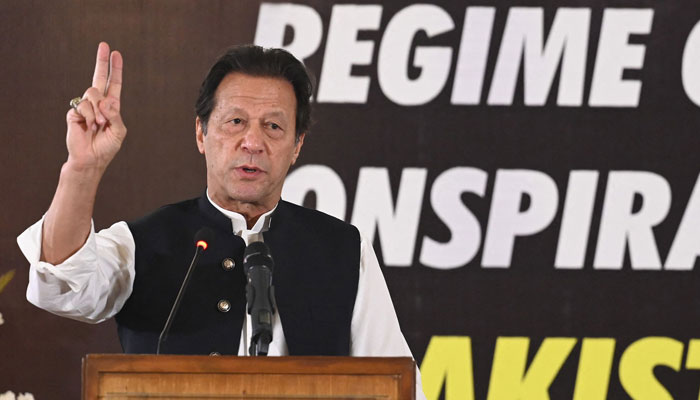 Former PTI chairman Imran Khan addressing a seminar in this undated picture. — AFP/Files