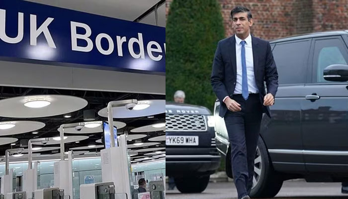 A sign is seen at the arrivals passport control area of Terminal 5, at Heathrow Airport (L) and Prime Minister Rishi Sunak arrives at the Global Investment Summit at Hampton Court Palace, in East Molesey, Surrey, Britain, November 27, 2023. —Reuters