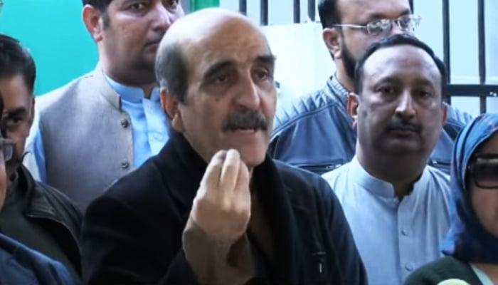 PTI founding member Akbar S Babar speaks with journalists outside the ECP office in Islamabad on December 5, 2023, in this still taken from a video. — YouTube/Geo News Live