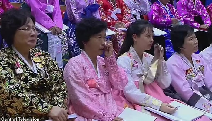 Many women in the audience (pictured) openly wept along with their leader at the event, the first of its kind held in 11 years and put on amid a fall in the isolationist states birth rate.—Korean Central Television