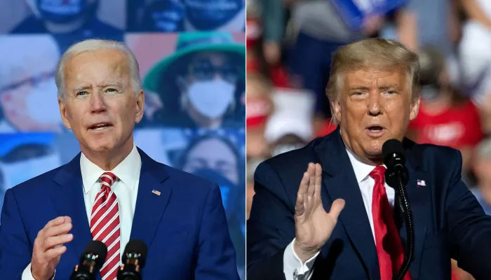 Democratic President-elect Joe Biden delivering remarks on Covid-19 at The Queen theater on Oct. 23, 2020 in Wilmington, Delaware and US President Donald Trump addressing supporters during a Make America Great Again rally in Gastonia, North Carolina, Oct. 21, 2020. — AFP