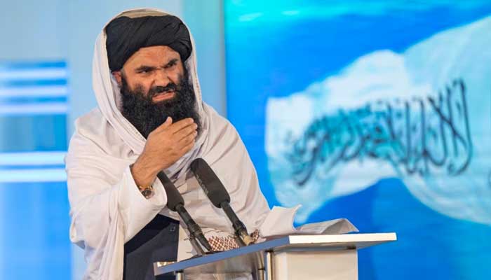 Taliban Interior Minister Sirajuddin Haqqani speaks during a ceremony marking the 30th anniversary of the victory over the government of communist regime, in Kabul on April 28, 2022. — AFP