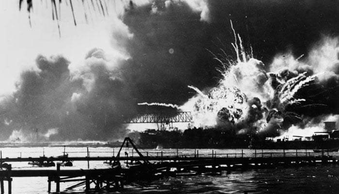 The forward magazine of the destroyer USS Shaw explodes during the second Japanese attack wave on Pearl Harbor. US Naval History and Heritage Command.—Reuters