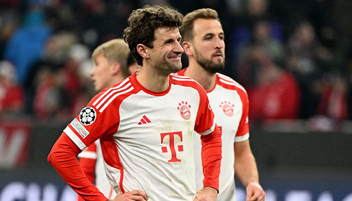 Bayern Munichs Thomas Mueller reacts after the Champions League Group A match between Bayern Munich v FC Copenhagen at the Allianz Arena in Munich, Germany on November 29, 2023. — Reuters