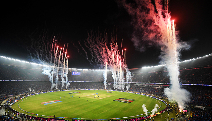 Fireworks explode at the end of the 2023 ICC Men’s Cricket World Cup final match between India and Australia at the Narendra Modi Stadium in Ahmedabad on November 19, 2023. — AFP