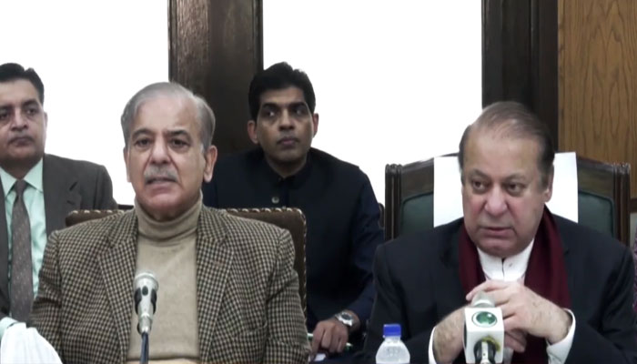 Pakistan Muslim League-Nawaz (PML-N) Quaid Nawaz Sharif (right) and President Shehbaz Sharif speaking during a press conference in Lahore on Saturday, December 9, 2023. — Screengrab/X/@pmln_org