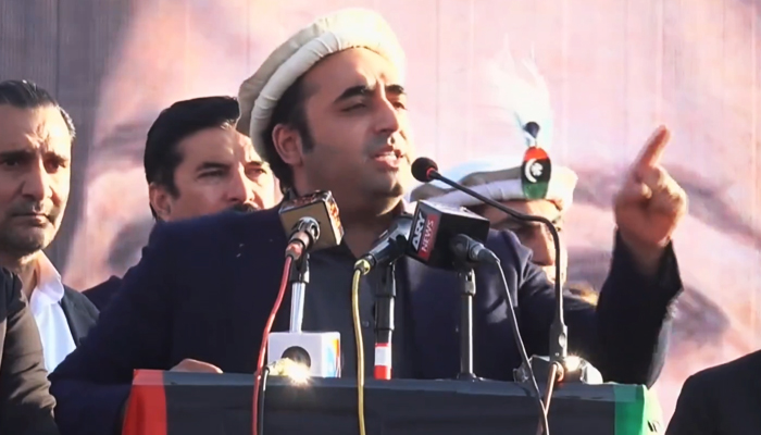 PPP Chairman Bilawal Bhutto-Zardari addressing a political gathering in Lower Dir, Khyber Pakhtunkhwa on December 9, 2023, in this still taken from a video. — YouTube/Geo News