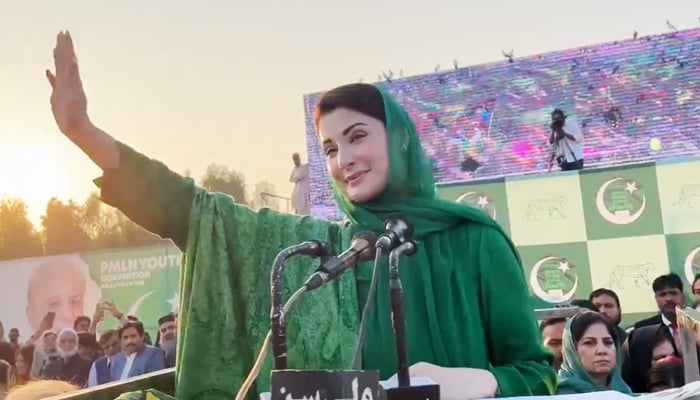 PML-N Senior Vice President Maryam Nawaz gestures during a rally in Jalalpur Jattan, Gujrat on December 9, 2023, in this still taken from a video. — YouTubbe/GeoNewsLive