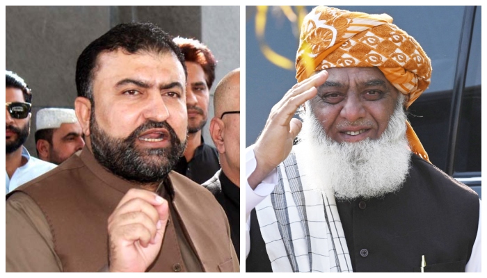 Caretaker Interior Minister Sarfraz Bugti (left) and JUI-F chief Maulana Fazlur Rehman. — APP/AFP/File