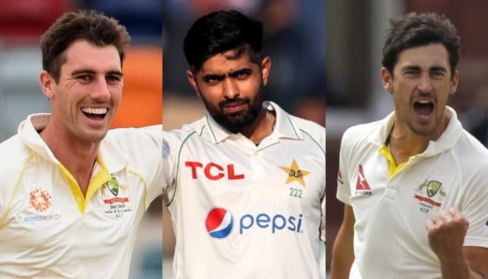 Left to right: Australian skipper Pat Cummins, Pakistani batter Babar Azam and Australian pacer Mitchell Starc. — AFP/PCB
