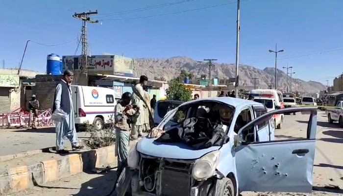 The picture shows a car targeted in a blast in Khuzdar, Balochistan on December 10, 2023. — Provided by the reporter