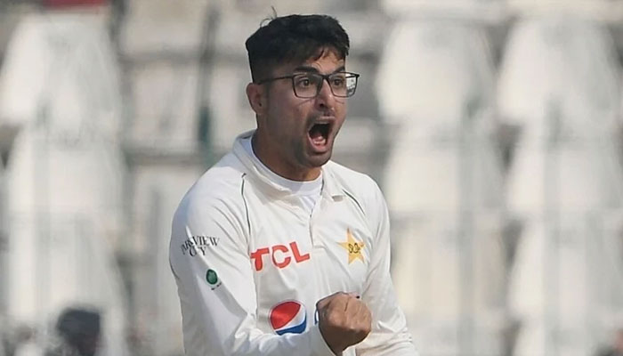 Pakistan’s Abrar Ahmed reacts after taking a wicket. — AFP/File