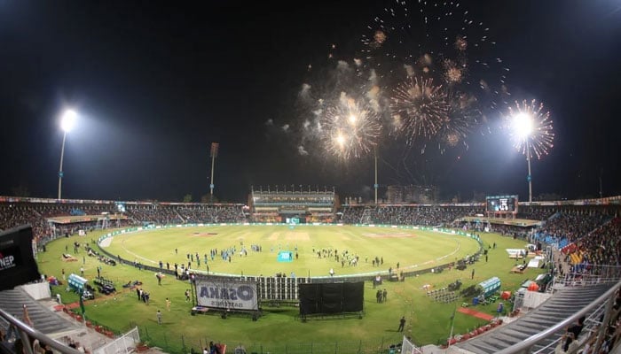 Fireworks take off at the Gaddafi Stadium after Lahore Qalandars won the PSL 8. — PCB