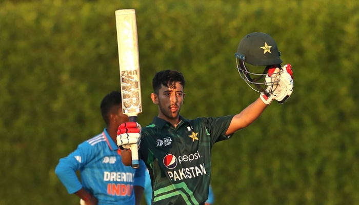Pakistan U-19 batter Azan Awais celebrates during match against India on December 10, 2023. — PCB